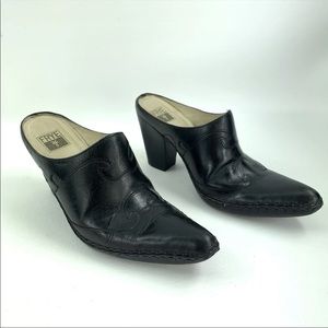 FRYE Phoenix Mules Black leather Western cowboy Detailed